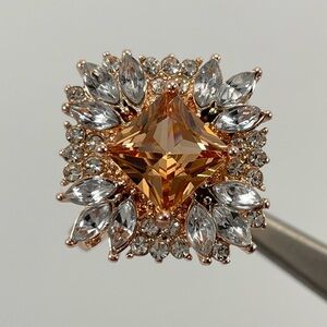 Ring Art Deco Champagne Diamond CZ Princess Cut Halo Gold Tone Plated Boho